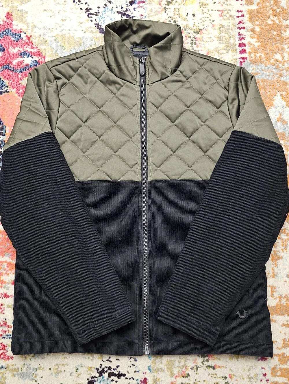 True Religion Quilted Corduroy Full Zip Jacket Mens Size Small Black Green Gray